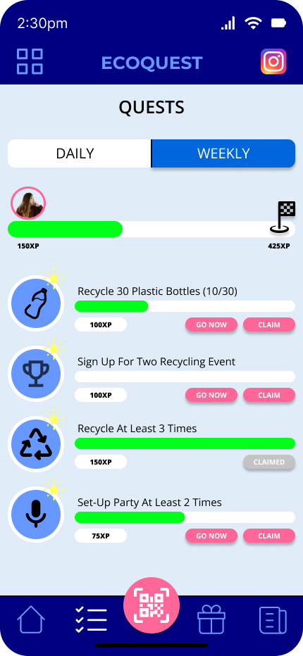 Similar to games, we have incorporated a gamified way of completing recycling challenges/quests, where the gen-z's profile icon would be seen taking one step closer towards the finish line. We designed a leaderboard too that would show the top gen-zs recyclers of each district/Singapore as a whole so that it creates some form of competition. That would be the projected goal of the day/week. This is to make sure that they feel a sense of purpose/direction when recycling.