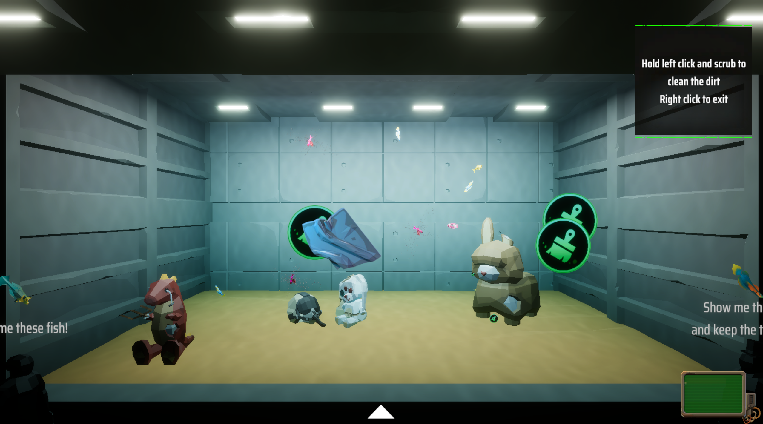 Our game's aquarium. This is the place where you showcase the fish you have caught to your customers. Satisfy your customers by placing fish they want to see and in exchange, get money for it. Additionally, use the money you earned to buy cosmetics or find them in the swimming area to customize your tank.