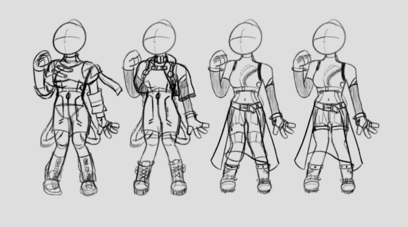This is the early concepts for our main character, with many variations for an idea for how convenient it would be for a low poly 3D model.