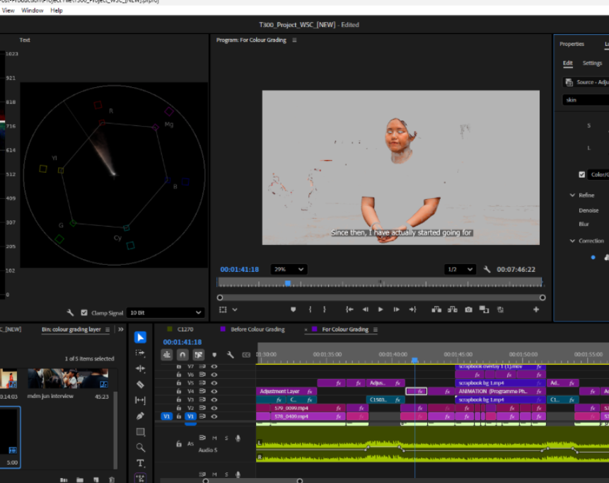 This picture captures a still from the colour grading process of Faith’s interview during the post-production phase of our Final Year Project. In this stage, we carefully refined the tones, adjusted the lighting balance, and enhanced subtle details to ensure the visuals matched the emotion and sincerity of her story and the final film. What was once raw footage began transforming into a more polished and intentional frame, one that supports the narrative’s mood and deepens the audience’s connection with the overall documentary.