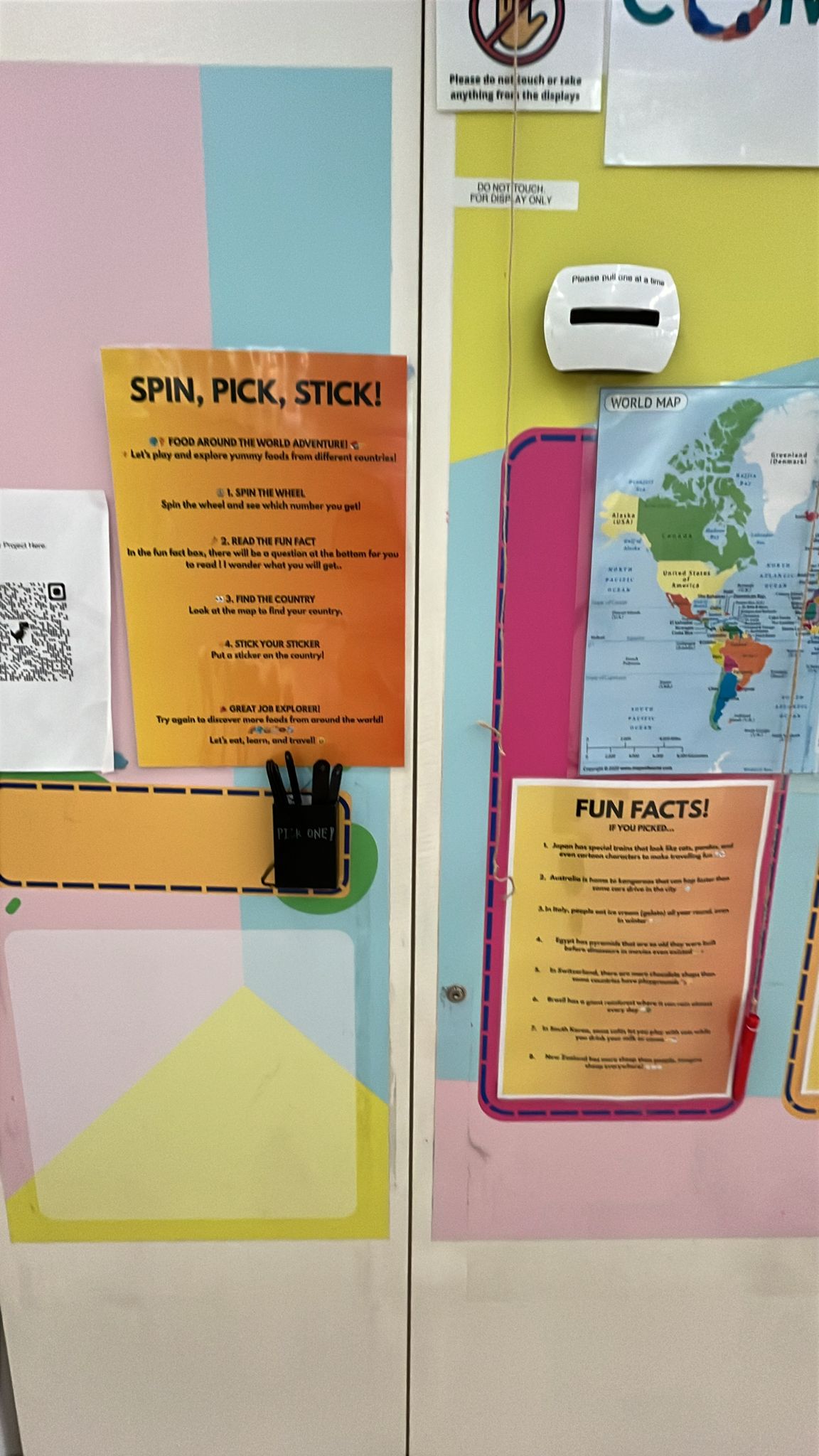 For our interactive activity board:

So after examination, feedback & review, our spin the wheel kept breaking so we switched to sticks (to pick the number leading to fun facts) instead.