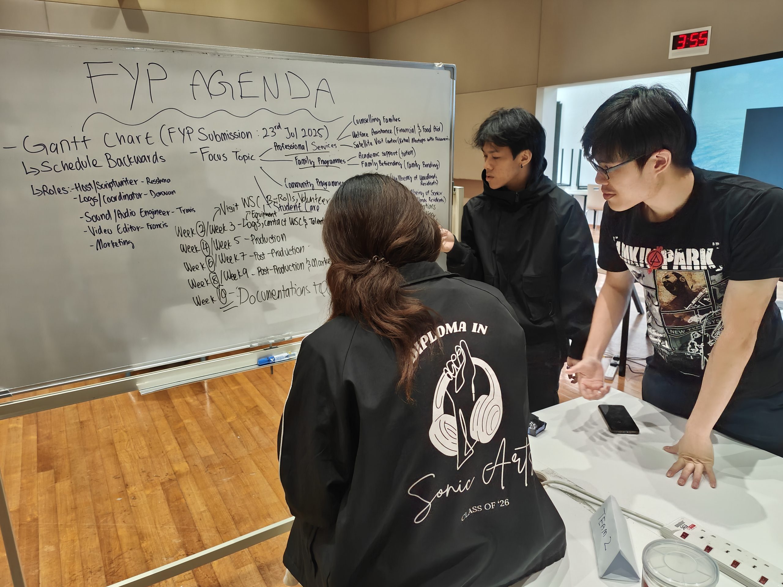 An image taken which displays information on the board pertaining to whatever that was discussed during the 1st FYP team meeting, along with the team discussing about it.