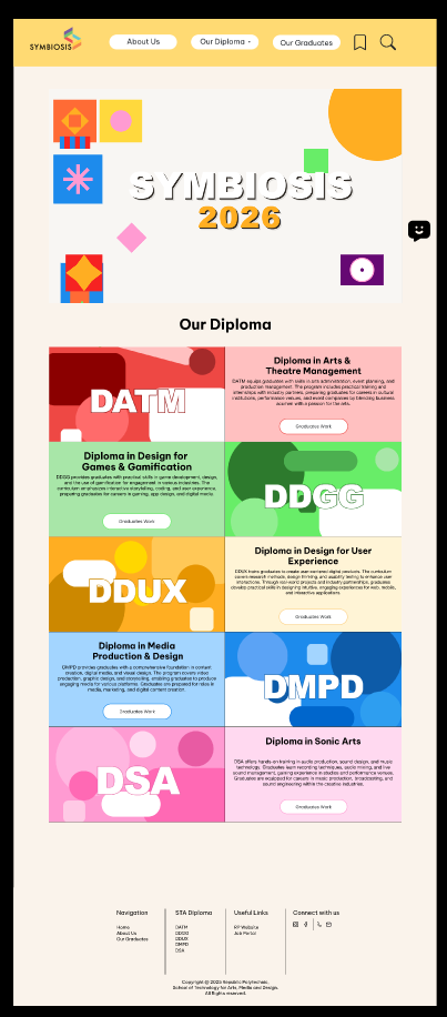 <p data-start="73" data-end="431">This image depicts the homepage of the Symbiosis 2026 website. Upon entering the site, students are welcomed by a clean and intuitive interface that serves as the central hub for navigation. From this page, users can easily access key sections, explore featured content, and quickly locate resources to showcase their work and engage with the platform.</p>