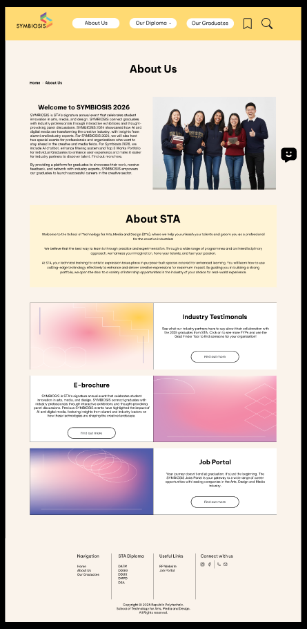 This image highlights the About Us page of the Symbiosis 2026 website. It provides users with essential information about the team responsible for the website redesign, as well as industry testimonials and insights that underscore the platform’s purpose and credibility. The page is designed to give visitors a clear understanding of the people and vision behind the website.