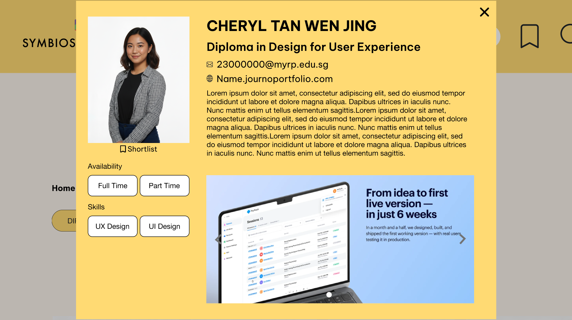 This image illustrates an example of a user profile on the Symbiosis 2026 website. Users can view their portfolio link, showcase their best works, highlight their skills, indicate their availability, and provide a brief personal description. The profile layout is designed to present information clearly, allowing students to effectively display their talents and achievements.
