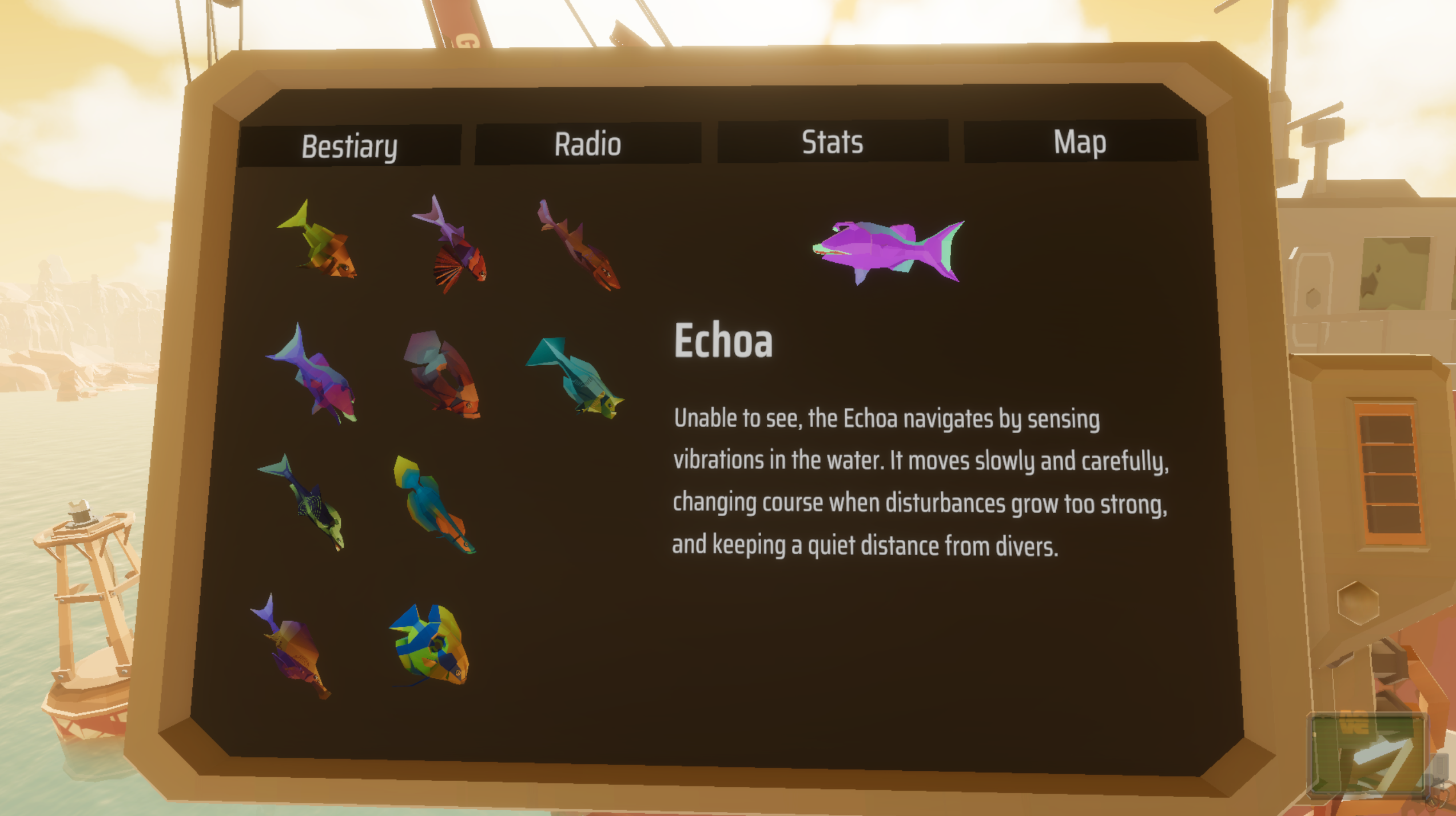 Our game’s personal digital assistant. Contains the game’s bestiary, radio player with selectable music, area teleporter and aquarium stats page.