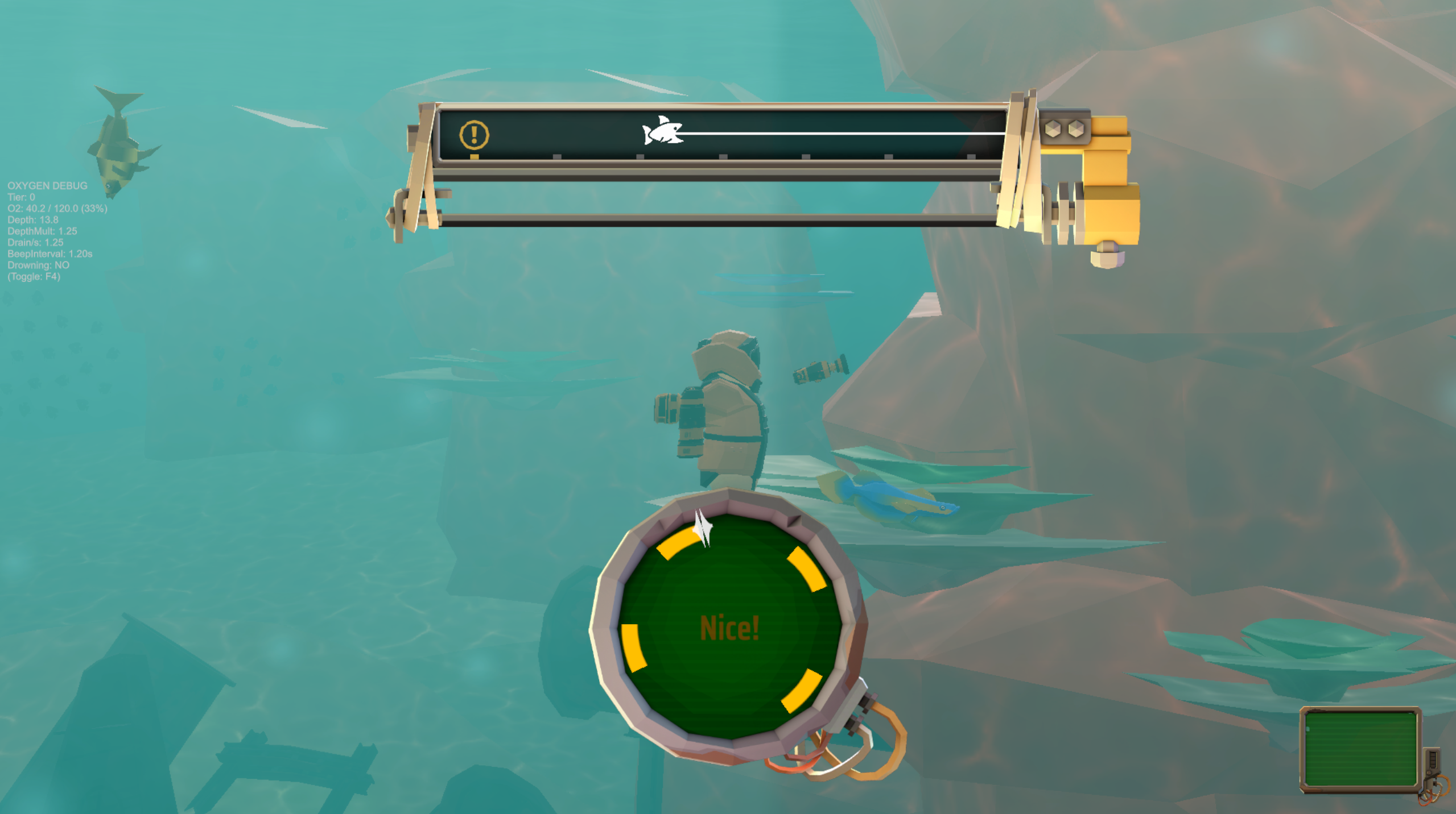 This is the minigame that the player will have to beat to catch a fish they come across. Players must hit the bars to reel the fish further in. Failure will push the fish further out and will cause you the lose the fish if the icon hits the yellow exclamation mark.