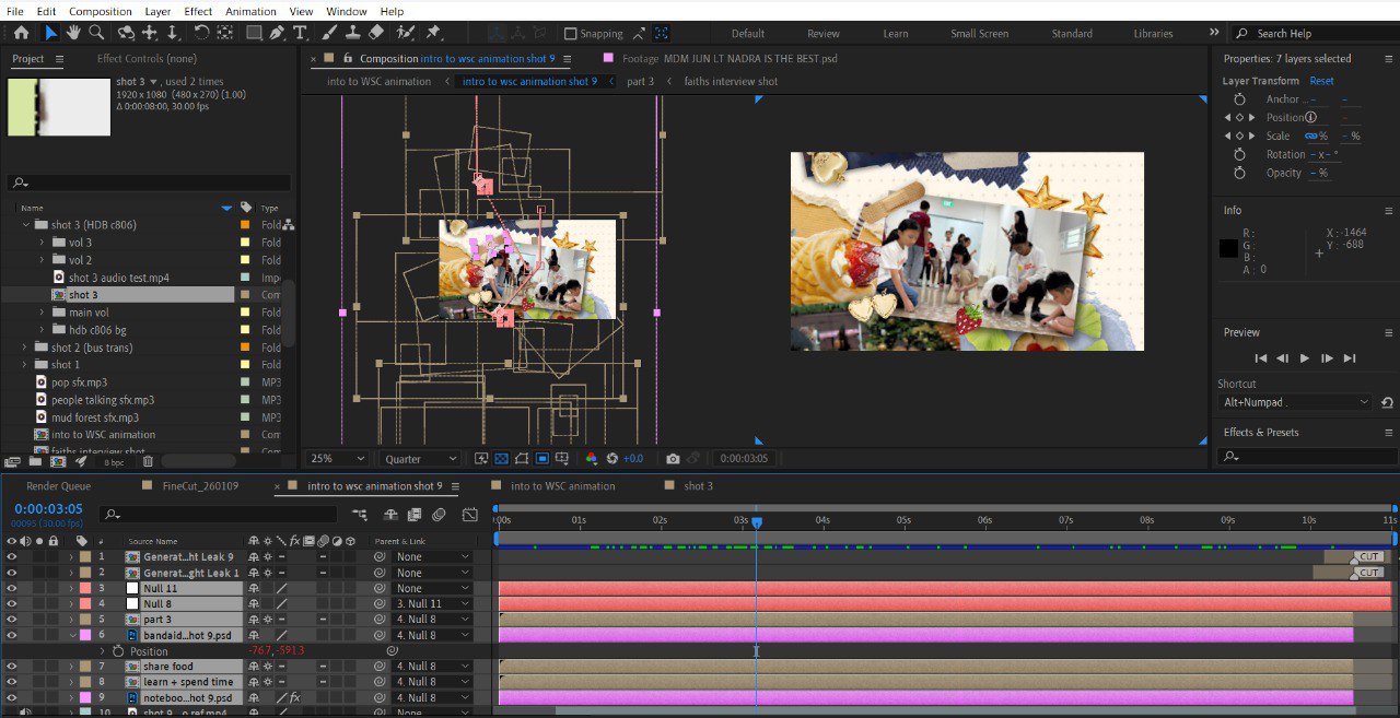 This picture showcases a work-in-progress moment from one of the scrapbook-style animations that eventually made its way into our final documentary. At this stage, the composition reveals the multiple layers (textures, photographs, and graphic details) that were carefully arranged to build and weave meaning into the story flow. Each layer represents a deliberate creative choice, contributing to the overall narrative and emotional tone of the animation. This behind-the-scenes glimpse shows the result of thoughtful planning and meticulous assembly and highlights the hard work involved in bringing the animation to life.