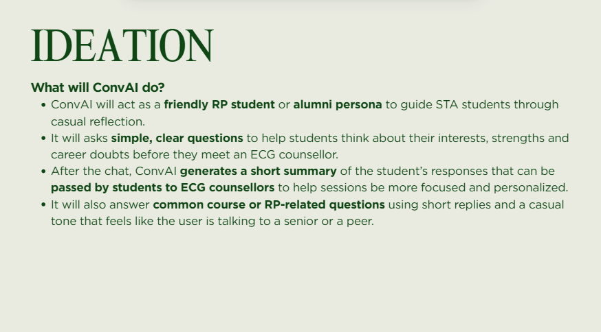 During ideation, we defined the character’s tone, boundaries and communication principles. Aiden was designed to feel like a supportive senior — friendly, empathetic and concise. The system guides reflection without overwhelming users and avoids replacing formal ECG advice thus positioning itself as a preparatory support tool.