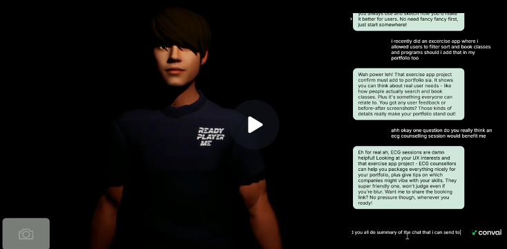 We tested real conversational interactions to evaluate tone, clarity and response structure. This stage helped us assess whether Aiden felt supportive and human rather than robotic. Through iterative adjustments to prompts and response style, we refined the system to better simulate a peer-like mentoring conversation.

During development, platform constraints limited customisation of the interface background so it remained dark and minimal. In future iterations, we would enhance the visual environment to better reflect the STA context, incorporating warmer tones and a more school-aligned setting to improve approachability and immersion.