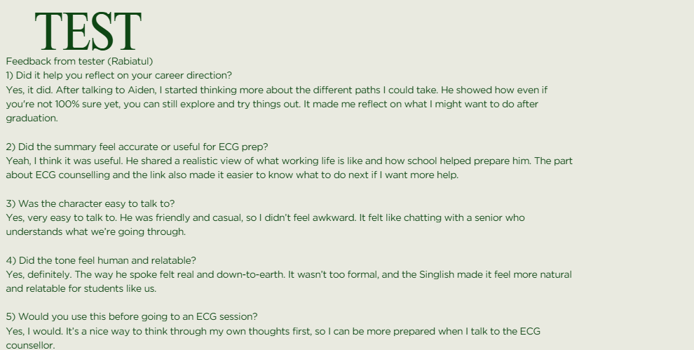 User testing highlighted areas for refinement, particularly in tone accuracy and clarity of next steps. Based on feedback, we improved linguistic nuances and proposed automated summaries with clearer ECG booking guidance. These iterations enhanced naturalness, usability and overall user confidence.