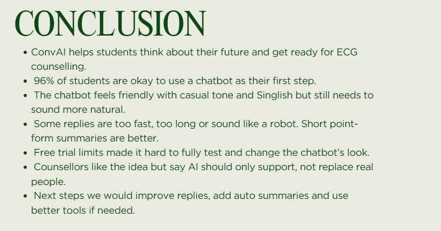 The project demonstrates how Conversational AI can serve as a preparatory tool for ECG guidance. With 96% of students open to using a chatbot as a first step, Aiden shows strong potential to enhance reflection and readiness. Future iterations will refine response naturalness, automate summaries and further align the system with institutional support.
