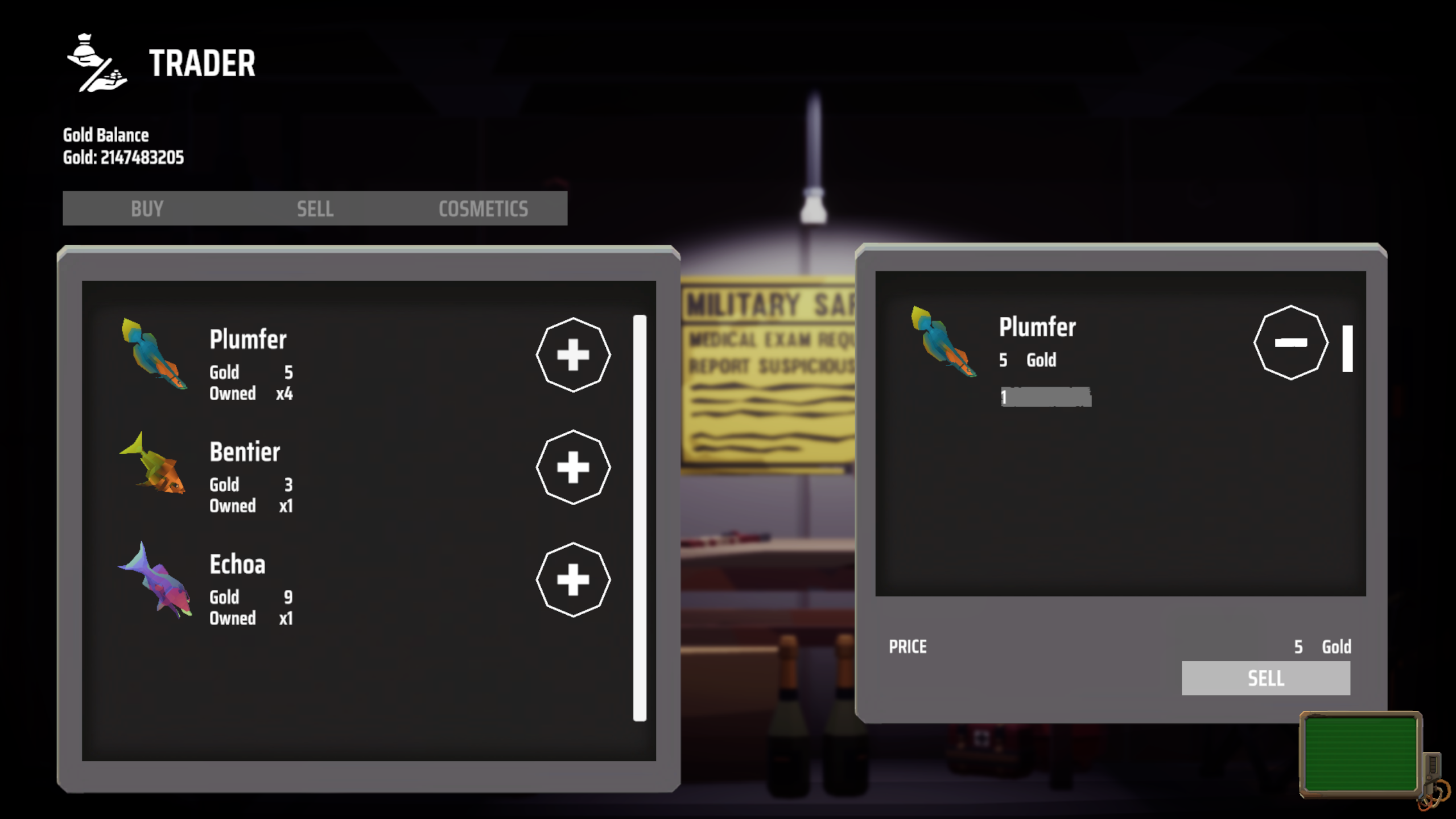 Our games shop system. Players can buy and sell fish here. This is also the place where they can purchase cosmetics for the tank.