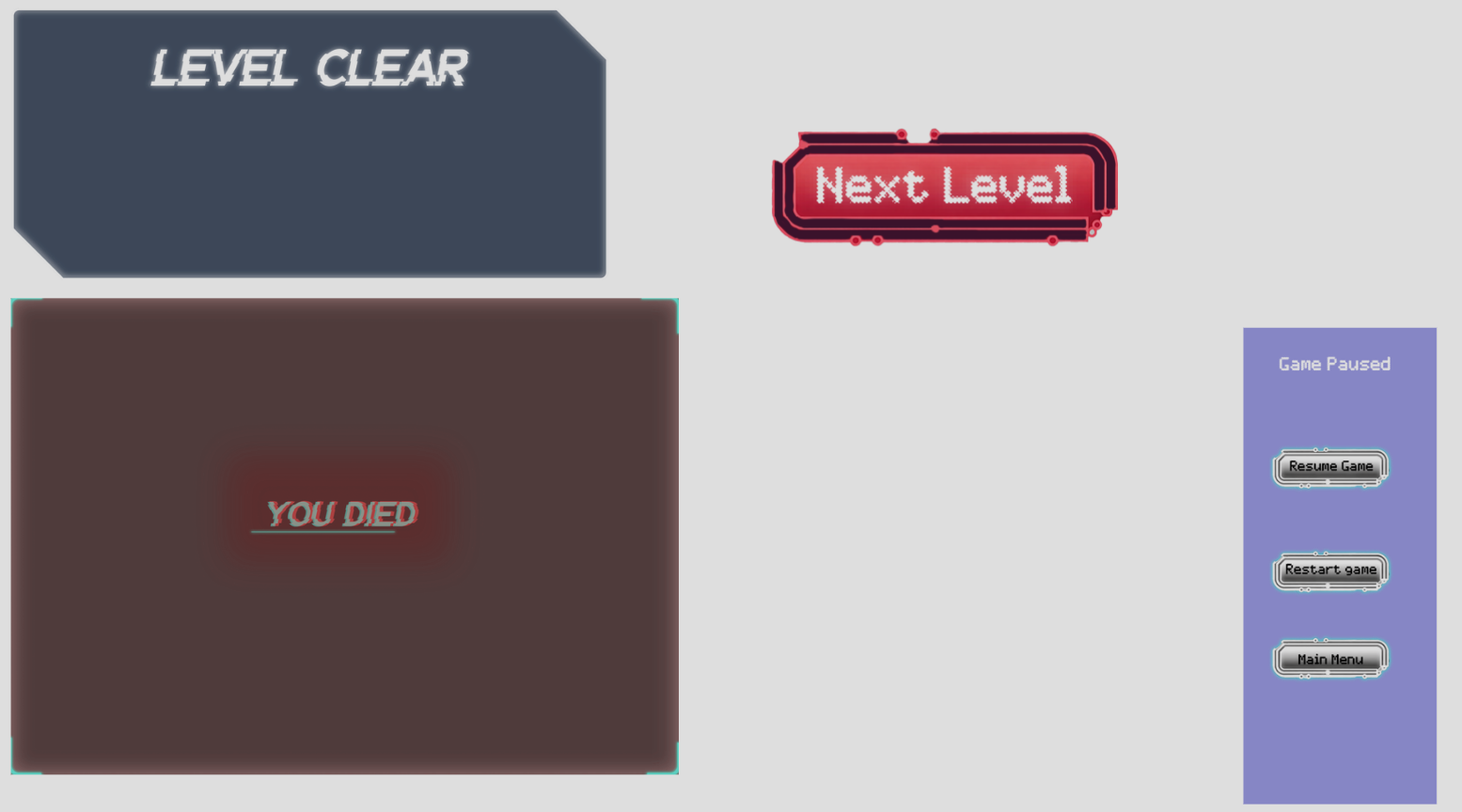 Here are the finalized UI elements we went with for the game. We decided to go for a tech, chromatic glitch aesthetic to fit with the cyberpunk elements. Like a holographic type UI.