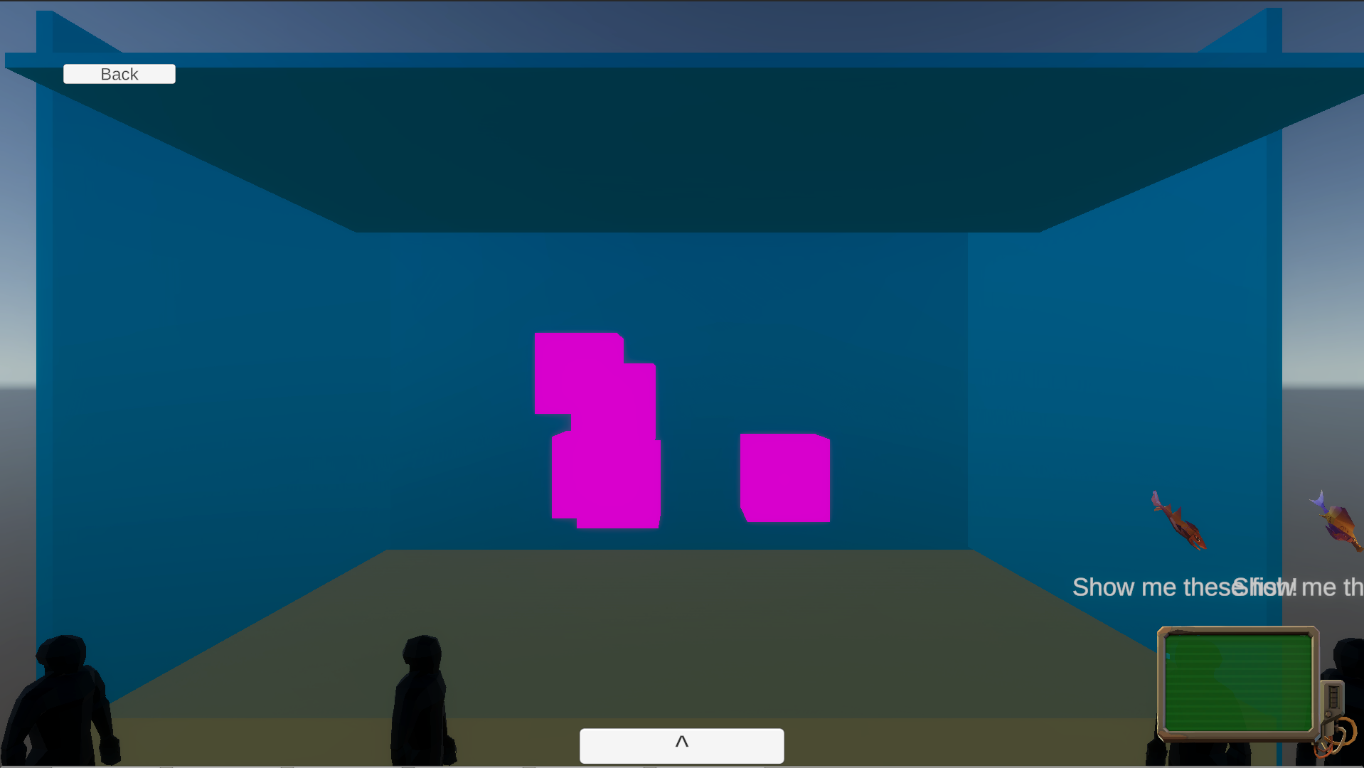 This is the WIP for the aquarium. Lots of work was done here to get the customers working, dirt(pink blocks) to work. This was one of the scenes that took the longest as the UI designer and the programmer had to work together to get the aquarium done.