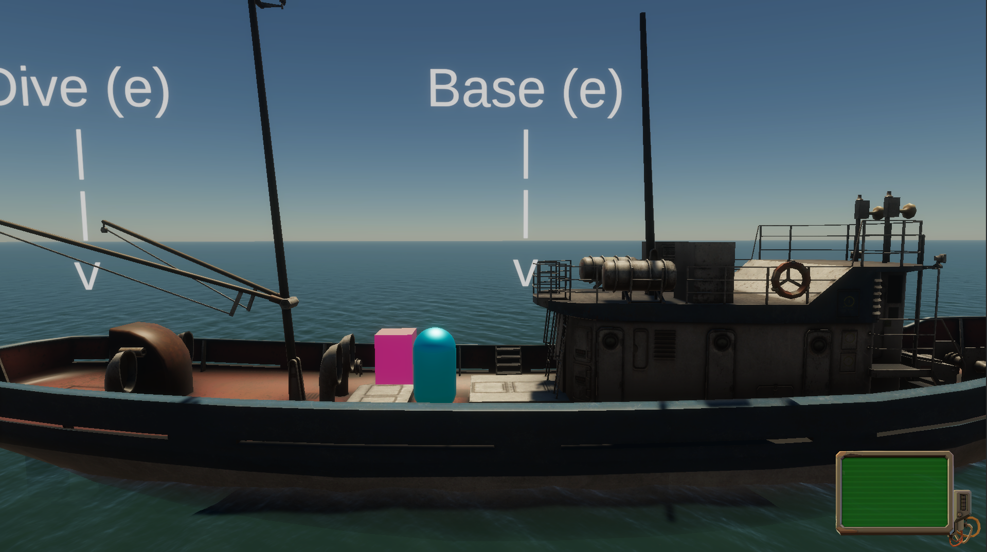 This is the prep scene in its WIP state. This is how it looks with the revamped water and new graphics overhaul but the polish, upgrade terminal and all are not implemented yet. At this stage, the artist has implemented some of the UI while the developer in charge of this scene is working on the upgrade terminal which looks like a pink box.