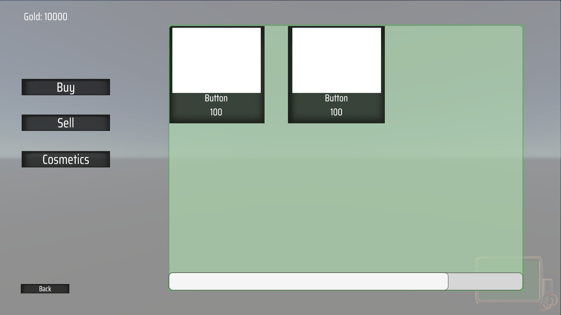 This is the shop system in its WIP state. This shows the framework before the artist added the assets to beautify the shop. The shop was hard to make and took many modifications to get it look like the final product like it is now.